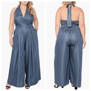 NWOT Standards & Practices London Blue Wide Leg Halter Deep V Jumpsuit Size 3X.